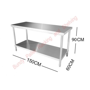 Stainless Steel WorkBench 800mm high x 1500mm wide x 600mm deep, 2 Levels - New 150kg per shelf