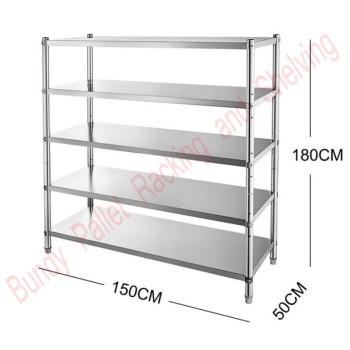 Stainless Steel Shelving 1800mm high x 1500mm wide x 500mm deep, 5 Levels - New 150kg per shelf