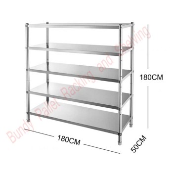 Stainless Steel Shelving 1800mm high x 1800mm wide x 500mm deep, 5 Levels - New 150kg per shelf